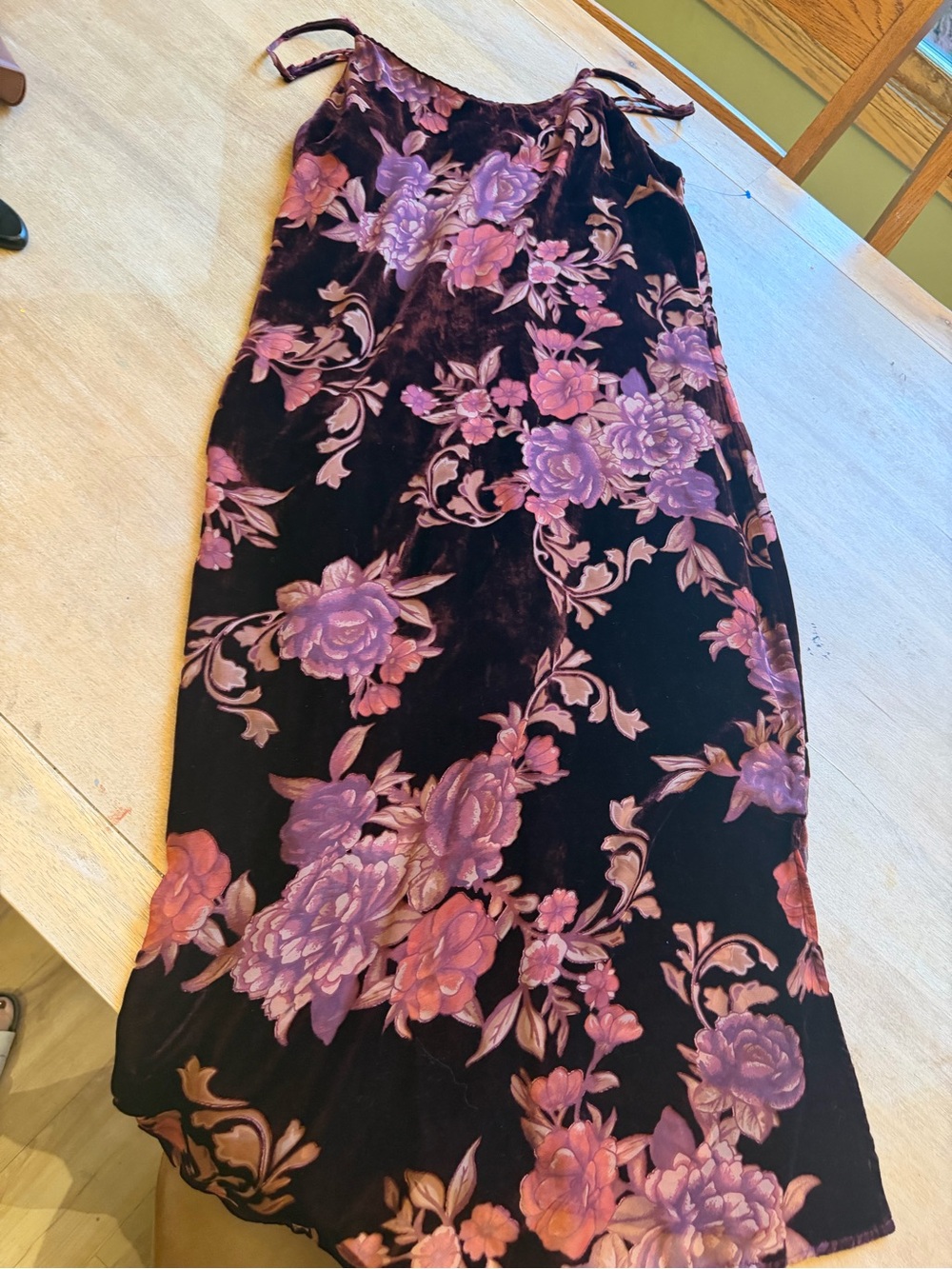 Black Velvet Maxi Dress with Pink-Purple Floral Embroidery